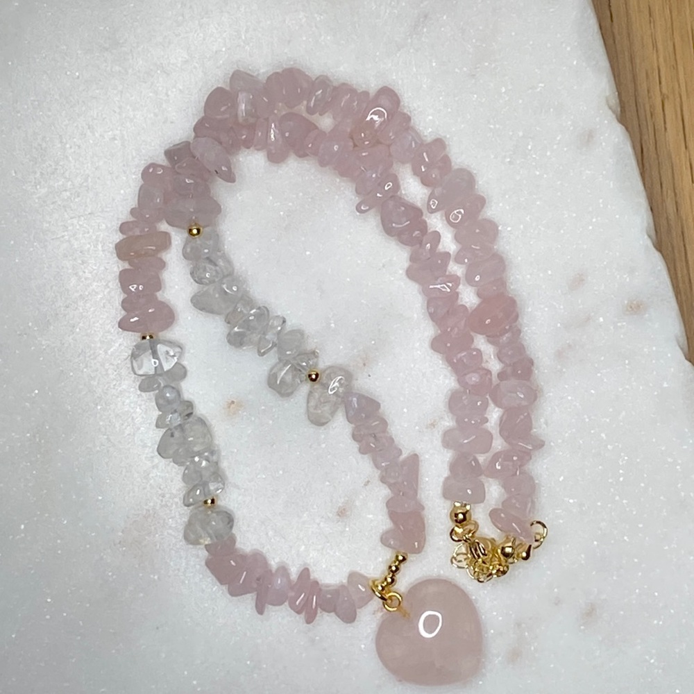 Rose Quartz Heart Pendant Beaded Necklace - Pink - Picture 7 of 9